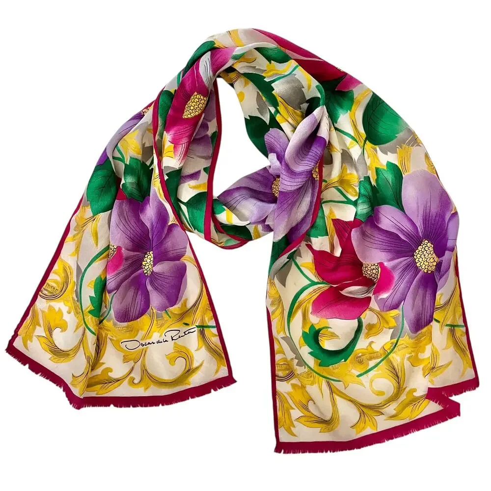 Oscar de la Renta Vintage Baroque Floral Metallic Gold Crepe de Chine Silk Scarf
